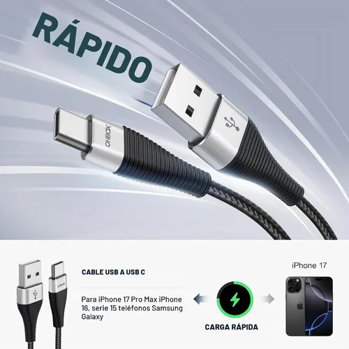 Vista 3 de Cable USB A a USB C, cable corto de carga rápida USBC de 1 pie, paquete de Negro