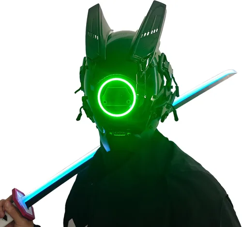 Vista 10 de Techwear - Máscara punk, máscara de samurái con luz LED, máscara de anime para cosplay de Halloween