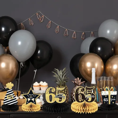 Vista 5 de 9 piezas de decoración de cumpleaños 65 para cumpleaños n.° 65, centros de mesa para decoración de mesas, saludos a 65 años, decoración de feliz