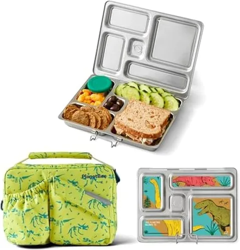 Vista 9 de PlanetBox Rover - Lonchera estilo Bento de acero inoxidable para jóvenes con 5 compartimentos, edición mariposas incluye bolsa de almuerzo aislada