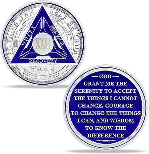 Vista 11 de Juego de monedas de sobriedad triangulares originales de 1 año Medallón AA de número romano plateado con cápsula protectora Ficha de aniversario