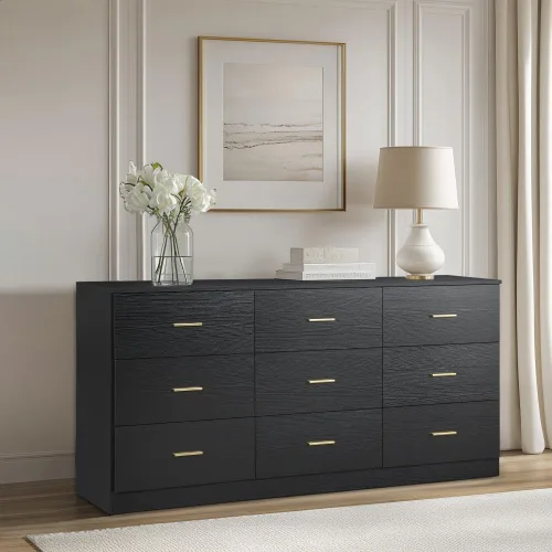 Vista 32 de Spaco Cómoda negra de 6 cajones con mango dorado, cómoda moderna de 6 cajones profundos para dormitorio, cómoda de almacenamiento para armario, sala