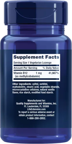 Vista 2 de Life Extension Vitamina B12 Metilcobalamina, Suplemento para la salud nerviosa, Apoyo cognitivo, Vitamina energética, metilcobalamina B12, 1 mg