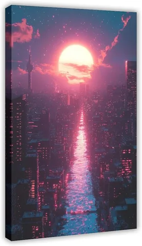 XAHOR 80s Synthwave Art Print – Neon Retro Wall Decor with Cyberpunk Vibes Canvas Art Poster And Wall Art Picture Print Modern Family Bedroom Decor