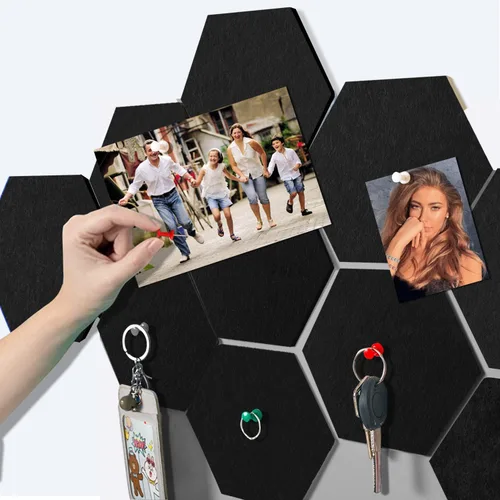 Vista 2 de Azulejos de fieltro para pared, tablero de anuncios hexagonal, tablero de corcho autoadhesivo con 30 pasadores de empuje, tableros de notas