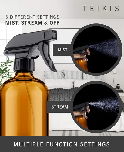 Vista 3 de Paquete de 2 botellas rociadoras de vidrio ámbar – Pulverizador de niebla y corriente de 16 onzas – Botella redonda Boston marrón resistente