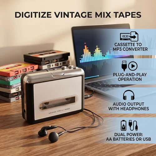 Vista 2 de Convertidor de cinta de casete USB a MP3, reproductor de música audio con auriculares