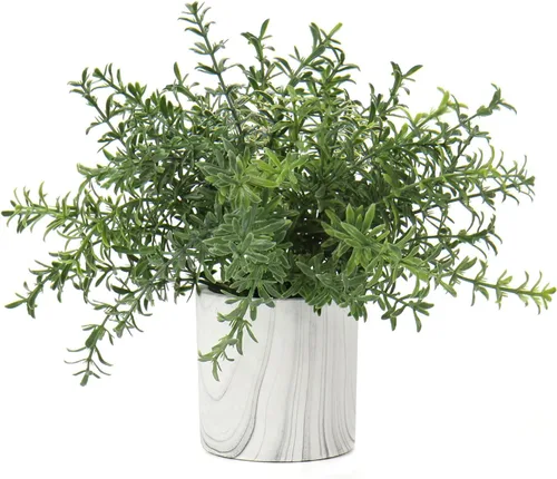 Vista 10 de Hollyone Mini plantas artificiales en macetas, plantas falsas en macetas de mármol, 1 pieza de plástico de eucalipto, vegetación sintética