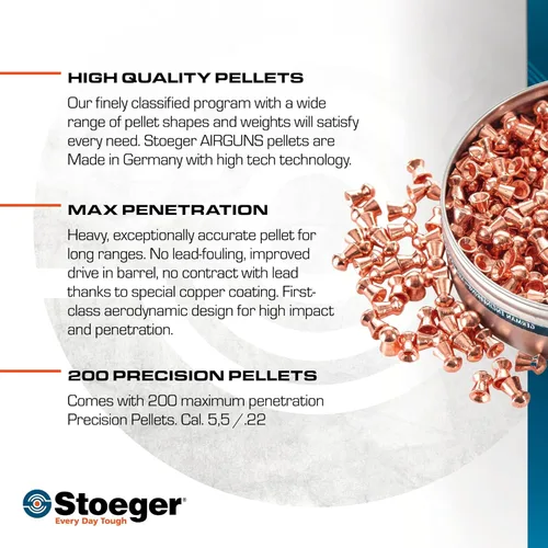 Vista 9 de Stoeger Combo de Rifle de Aire S8000-E TAC - Calibre .22 - Sintético Negro con Perdigones de Punta X-Power Dome