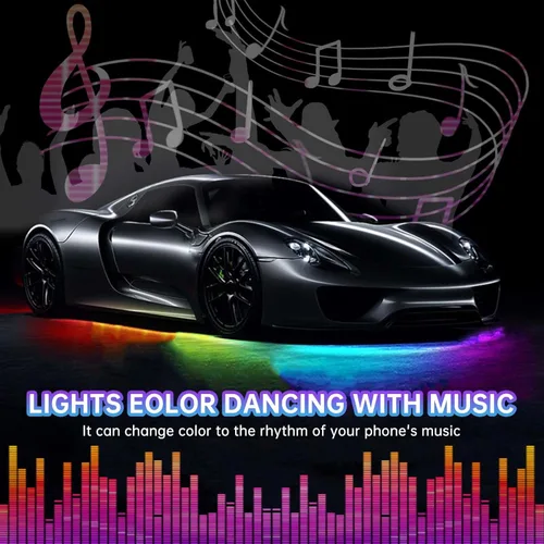 Vista 4 de Luces subterráneas para automóvil, 6 tiras de luces LED con persecución de color RGB de ensueño, control por aplicación de 12 V, luces LED flexibles