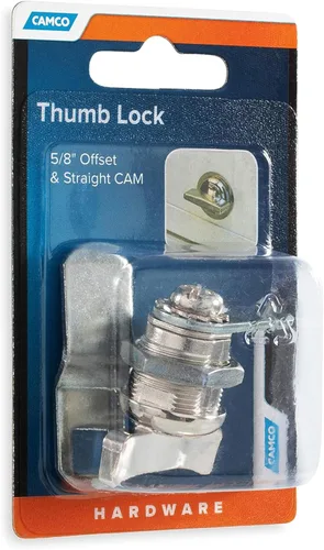 Vista 7 de Camco Candado de leva compensada Presenta un estilo de candado de fácil giro operado con el pulgar, incluye una compensación de 5/8 pulgadas y un