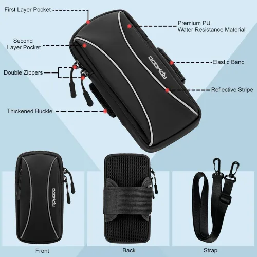 Vista 2 de Soporte para teléfono para correr, bolsa pequeña cruzada para hombro, bandas de brazo para correr y caminar, resistente al agua, brazalete