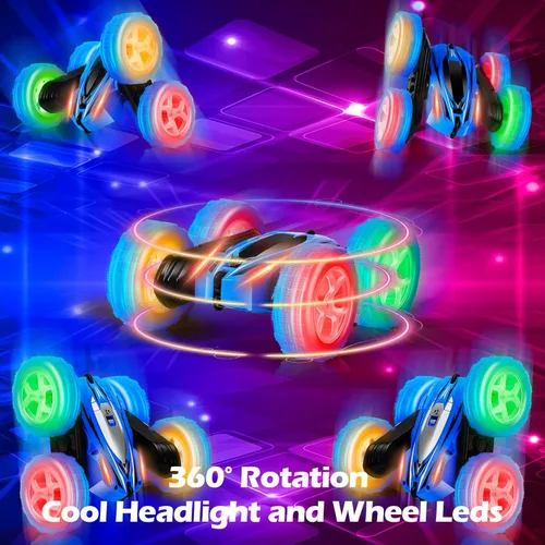Vista 3 de Auto de control remoto, rotación de 360 con luces de rueda y faros, 4WD 2.4Ghz de doble cara rápido y voltea autos RC para niños de 6 a 12 años