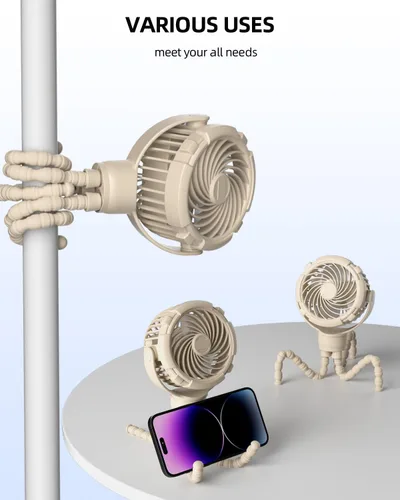 Vista 7 de TUNISE Ventilador de cochecito, recargable con puerto tipo C, 4000 mAh, giratorio de 360°, trípode flexible de 3 velocidades, clip en cualquier