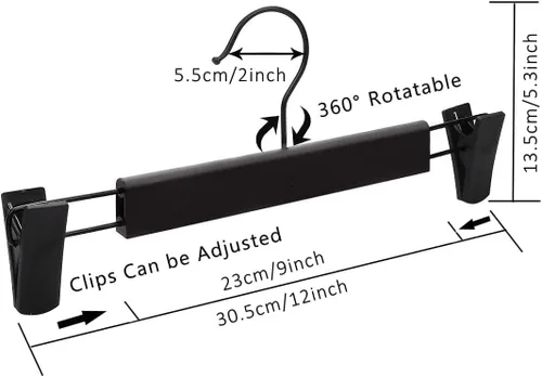 Vista 2 de Perchas para pantalones, perchas de plástico negras para pantalones con 2 clips ajustables antioxidantes, perchas para faldas y 360 ganchos