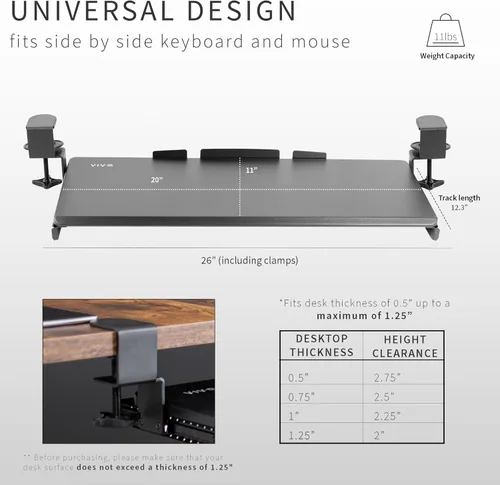 Vista 5 de VIVO Bandeja pequeña para teclado debajo del escritorio con sistema de montaje de abrazadera C extra resistente, 20 (26 abrazaderas incluidas) x 11