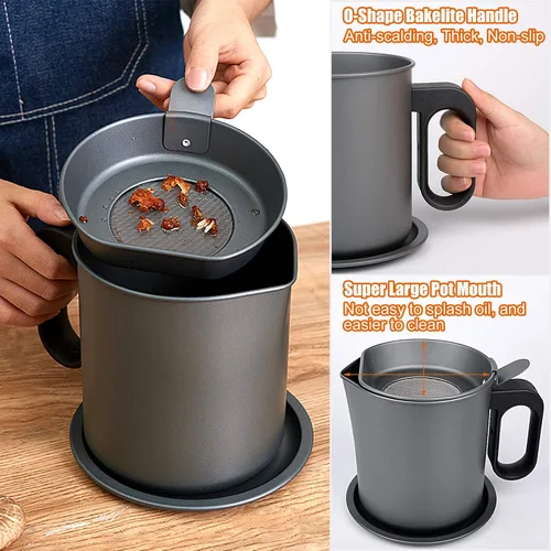 Vista 5 de Ahorro de grasa de tocino con colador, contenedor de grasa de cocina de 1.7 L, separador de grasa para cocinar aceite grande de tocino para goteo