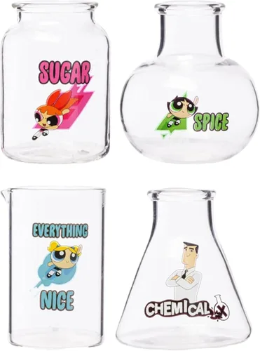 Vista 27 de Silver Buffalo Powerpuff Girls With Blossom, Bubbles, Buttercup y Professor Sugar Spice Everything Nice Chemical X 3D - Juego de 4 mini vasos de 1.5