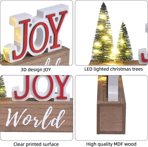 Vista 5 de Decoración de Navidad para el Hogar, JOY para El Mundo Letrero de Mesa de Navidad de Madera con Árboles LED, Estante Rústico, Chimenea, Decoración
