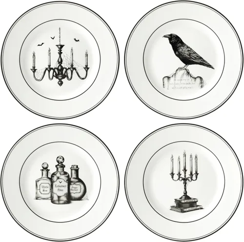 Lenox Juego de 4 platos de postre vintage de Halloween de 4 piezas, surtido, juego de 4 platos de porcelana marfil, aptos para lavavajillas,