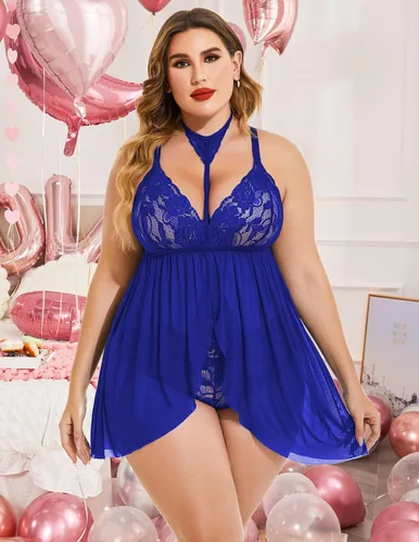 Vista 4 de Avidlove Lencería de talla grande para mujer, babydoll de encaje, gargantilla de malla, ropa de dormir, L-5XL