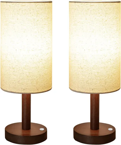 Vista 14 de LALISU Lámpara de mesa pequeña para mesita de noche, pantalla de lino, para dormitorio, base de madera, pequeña lámpara de noche para mesitas