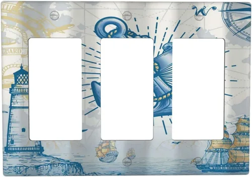 Vista 29 de Ancla Náutica Velero Faro Brújula Cubiertas de Interruptor de Luz de 1 Gang Sin Dispositivo Placa de Pared Decorativa en Blanco Placa Frontal