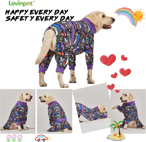Vista 6 de LovinPet Pijama grande para perros grandes, mameluco posoperatorio para razas de perros grandes, rayas reflectantes, tejido elástico ligero