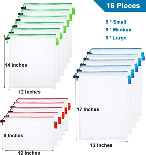 Vista 2 de 16 bolsas pequeñas de malla para juguetes para almacenamiento, 3 tamaños reutilizables de malla con cordón para productos, bolsa de rompecabezas