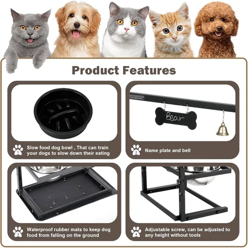 Vista 4 de Cuencos elevados con comedero lento para perros grandes y medianos, soporte elevado, ajustable y antideslizante con 2 cuencos de acero inoxidable