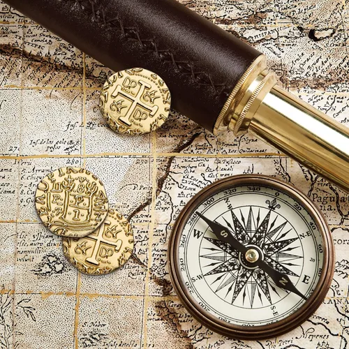 Vista 5 de Leib Games Monedas de Pirata de Metal - Juego de 35 Monedas del Tesoro de Oro, Réplica de Metal de Doblones Españoles para Decoraciones y Obsequios