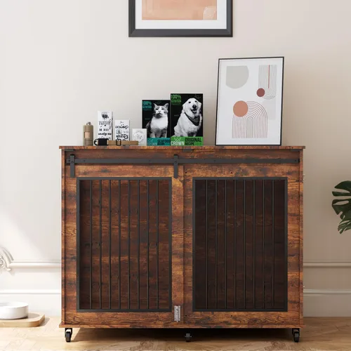 Vista 7 de IchbinGo Mueble grande para jaula para perros, perrera de madera de 47 pulgadas con puerta corrediza de granero, tapa abatible y ruedas, mesa