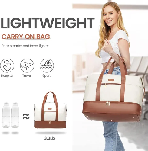 Vista 9 de LOVEVOOK Bolsa de fin de semana, bolsa de viaje grande para mujer con 2 cubos de embalaje, bolsa de mano con compartimento para zapatos, bolsas