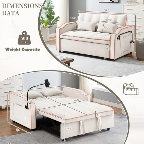 Vista 13 de JEEOEHY - Sofá cama convertible 3 en 1, sofá cama extraíble de terciopelo con puerto USB y tipo C, cómodo futón loveseat con respaldo ajustable