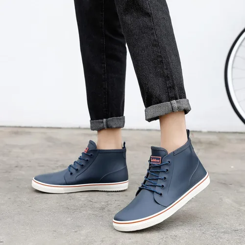 Vista 5 de Botas de lluvia para mujeres y hombres, botas de jardín de goma impermeables, unisex, botas de lluvia de tobillo corto, con cordones, botas