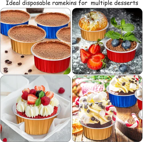 Vista 5 de Thenshop 150 moldes de papel de aluminio para hornear con tapas, moldes desechables de 5 onzas, moldes para magdalenas, moldes para magdalenas, rojo