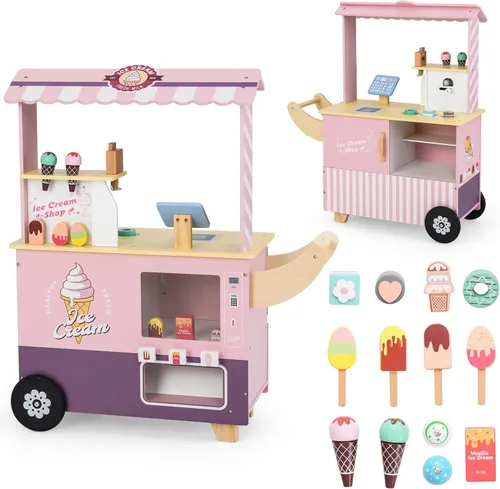 Vista 10 de INFANS Carrito de helados, tienda de comestibles, juguete de mercado, tienda de mercado, juego de simulación con rueda universal, báscula