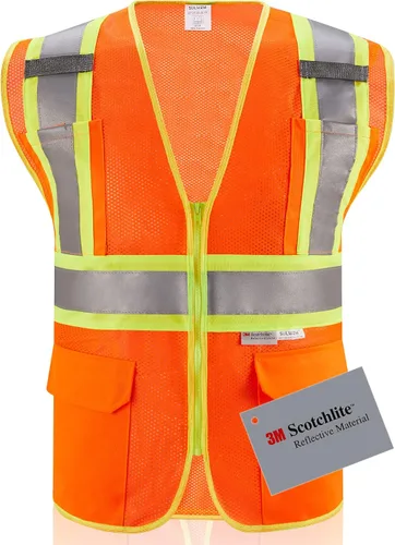 Vista 8 de Chaleco de seguridad reflectante de alta visibilidad con cremallera y bolsillos O/Y, Naranja, Pequeña