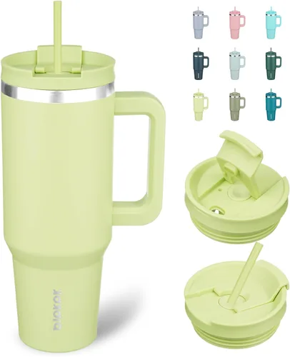 Vista 12 de BJPKPK Vasos aislados con asa y pajita, vasos térmicos de acero inoxidable de 30 onzas con tapa, color verde militar