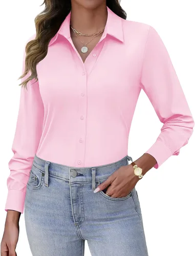 Vista 14 de HOTOUCH Camisas con botones para mujer, de manga larga, elásticas, sin arrugas, blusas de trabajo, ajustadas, para la oficina