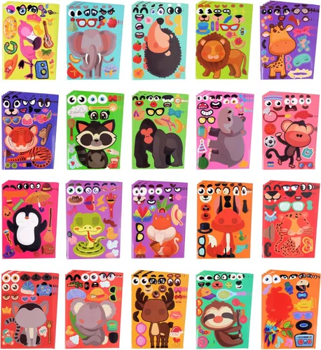 Vista 8 de Sinceroduct 100 calcomanías para niños, calcomanías para hacer tu propia cara, 20 calcomanías de animales para niños pequeños, manualidades