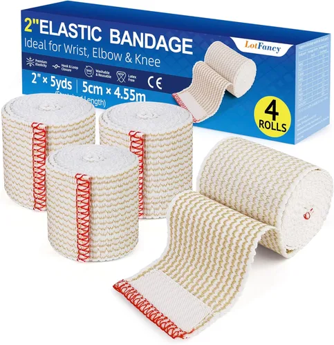 LotFancy Vendaje elástico de 2 pulgadas, paquete de 4 envolturas de compresión de algodón sin látex para lesiones atléticas, cierres de en ambos