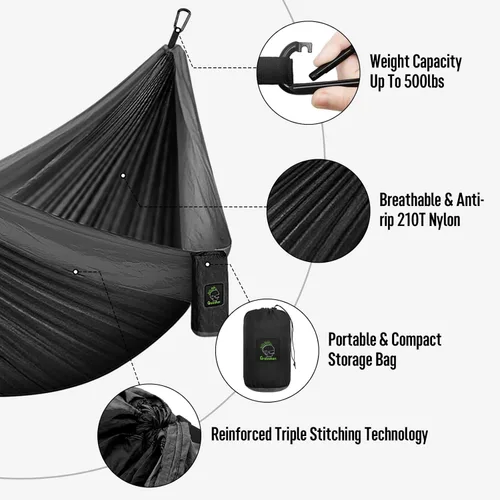 Vista 5 de Grassman Hamaca de camping doble y individual hamaca portátil con correas de árbol, hamacas de paracaídas de nailon ligero, accesorios