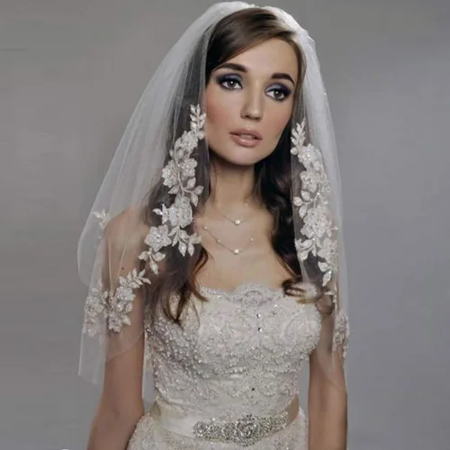 Salliy Apliques de encaje de doble capa para novia de boda con peine encaje de flores y capilla de perlas marfil