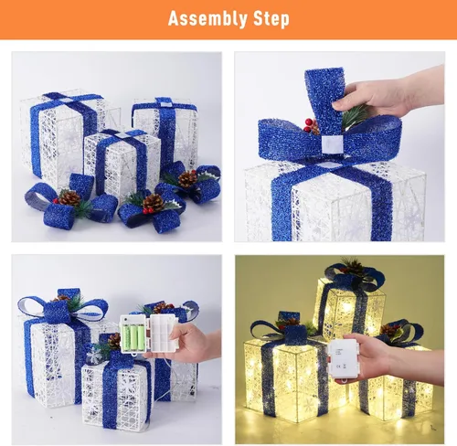 Vista 5 de Juego de 3 cajas de regalo iluminadas de Navidad, cajas de regalo con pilas para Navidad, LED blanco cálido con lazos para árbol de Navidad