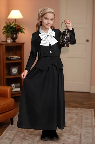 Vista 4 de BesserBay Girls 5Pcs Colonial Black Costume Long Sleeve Ruffled Collars Button Dress 6-14 Years