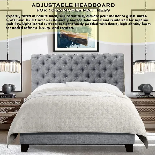 Vista 26 de Rosevera Gideon - Marco de cama tapizado de tela con cabecera ajustable, estilo Chesterfield, soporte de listones de madera, fácil montaje
