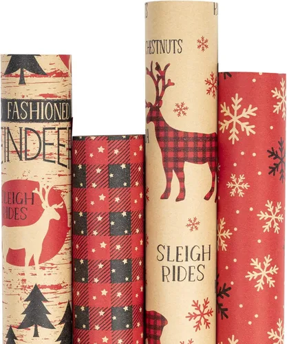 Vista 10 de RUSPEPA - Papel para envolver regalos de Navidad, papel kraft café con impresión de elementos navideños negros - 4 rollos de 30 pulgadas x 10 pies