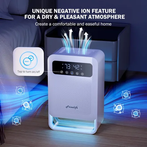 Vista 4 de Frizzlife Deshumidificador de aire DH80, tanque de agua de 135 onzas con función purificadora, deshumidificadores pequeños silenciosos con modo