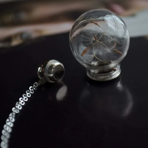 Vista 2 de Diente de león Make a Wish - Colgante de bola cilíndrica de cristal abierto con flor real 925, collar para mujer, hecho a mano